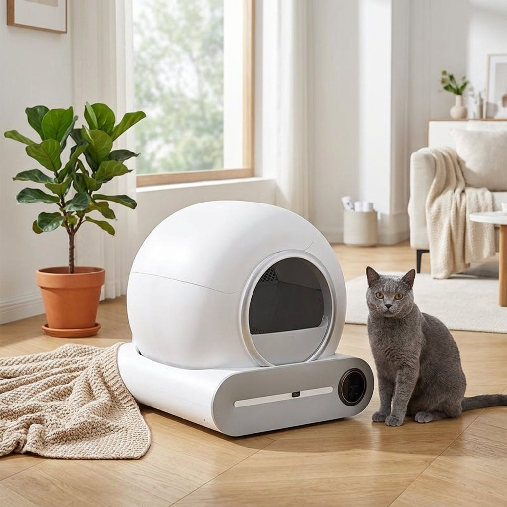 Slimme kattenbak in een moderne woonkamer