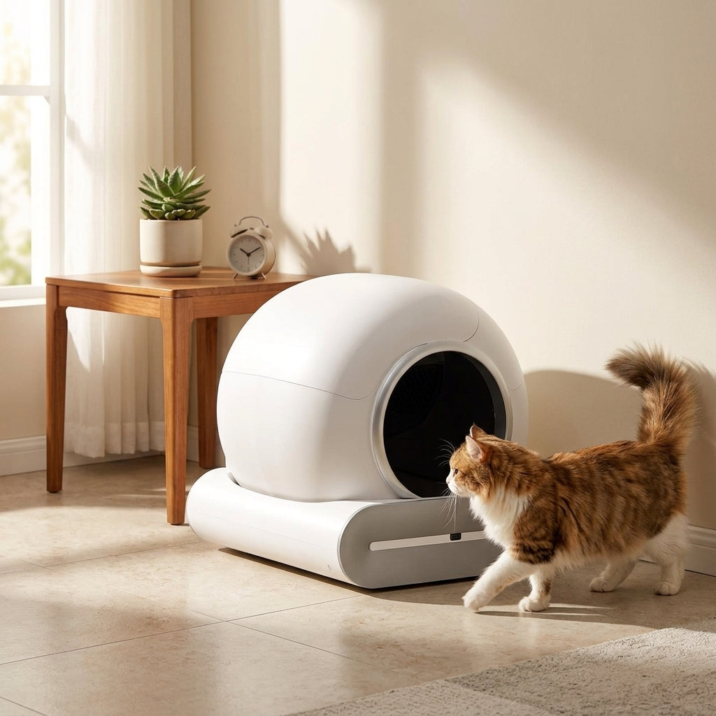 Kat loopt naar de slimme kattenbak
